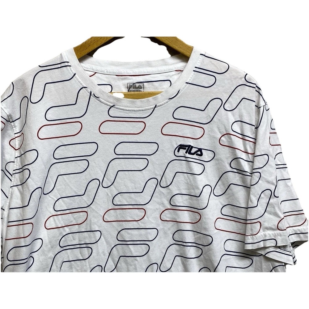 Fila All‎ Over Logo Print White Short Sleeve Shirt Youth  XXL EUC